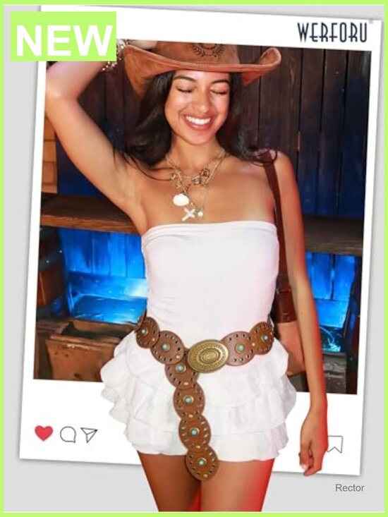 Western Belt with Turquoise Accents - Wide Disc Leather Belt main image 2